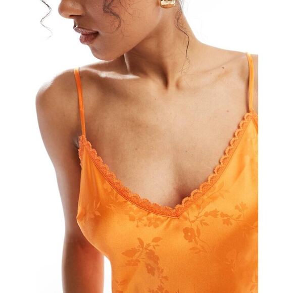Miss Selfridge Women's Orange Satin Jacquard Strap Back Maxi Slip Dress Size 4 - Picture 4 of 12